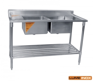 PIA INOX 1,9 M COM DUAS CUBAS 45X45X25 CM CADA E PRATELEIRA GRADEADA