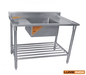 PIA INOX 1,5 M COM UMA CUBA 60X60X25 CM E PRATELEIRA GRADEADA